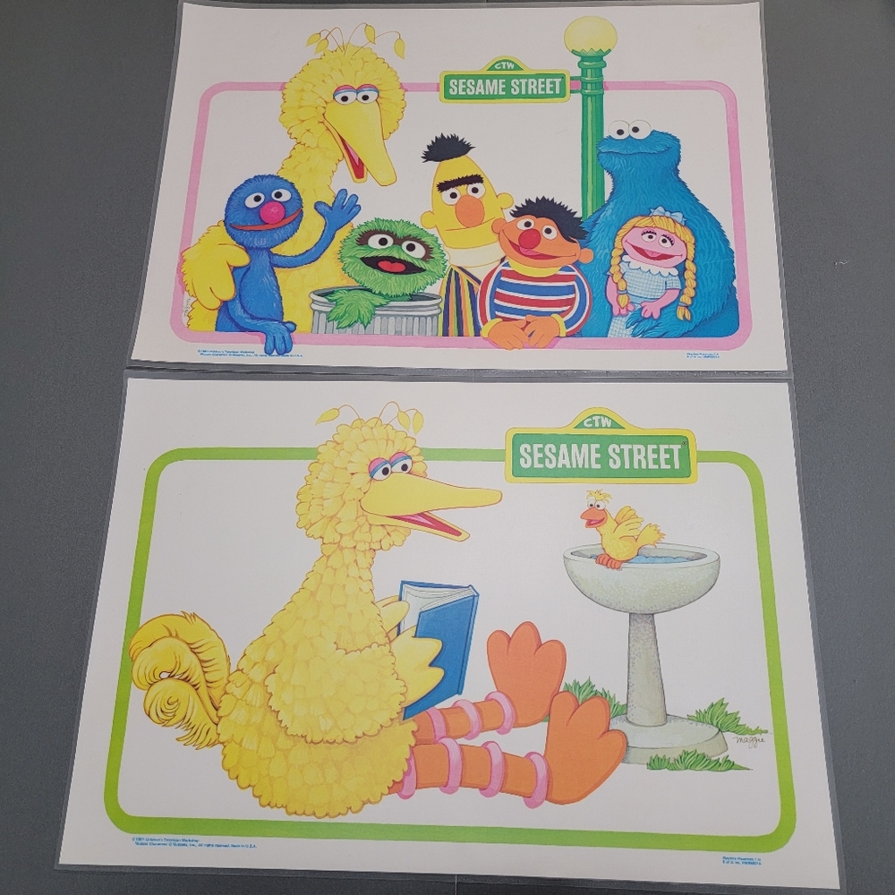 2 VTG 1981 Sesame Street Vinyl Double Sided Reusable Activity Placemats